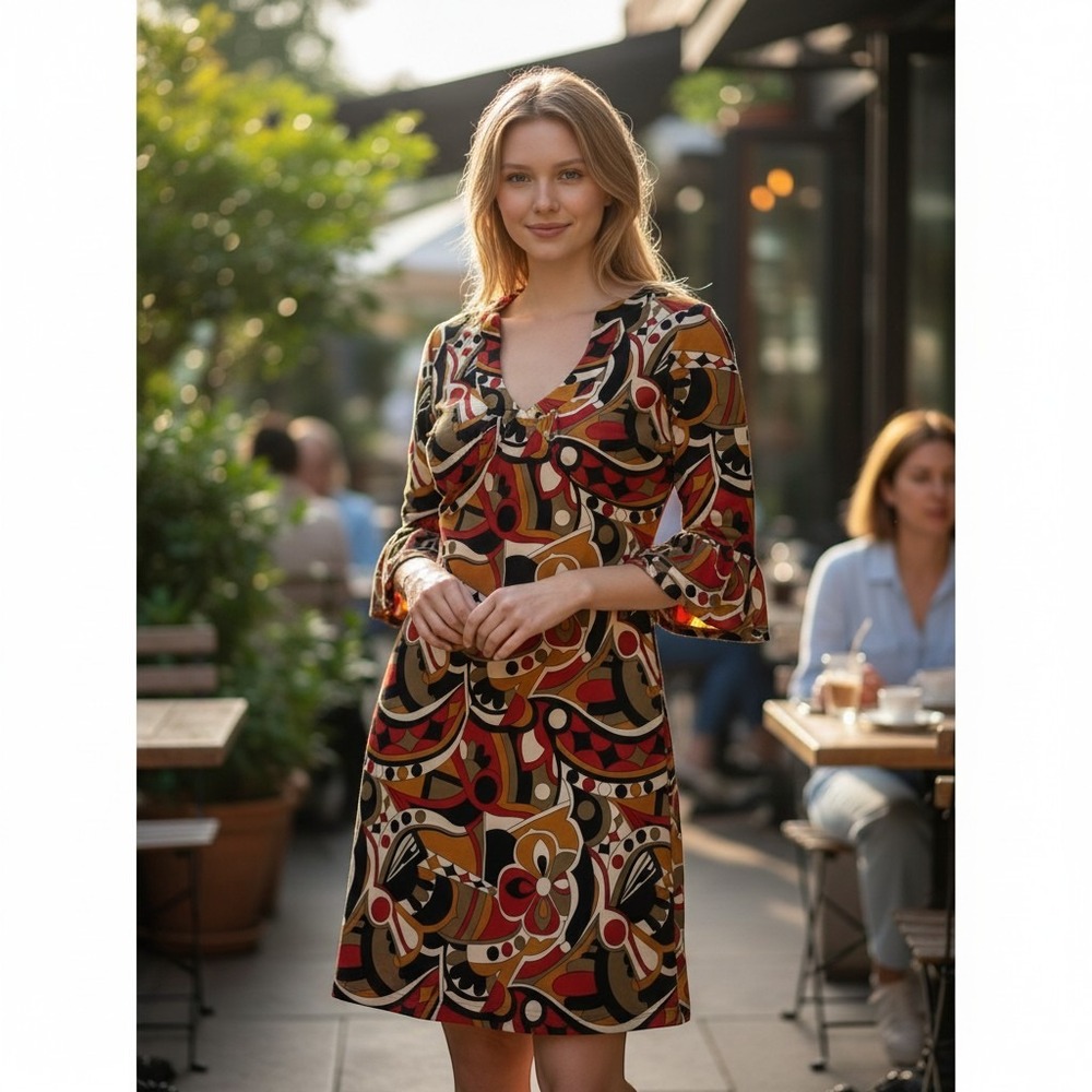 Jude Connally Shift Dress Womens XS Multicolor Excellent Bell Sleeve Mod Retro
